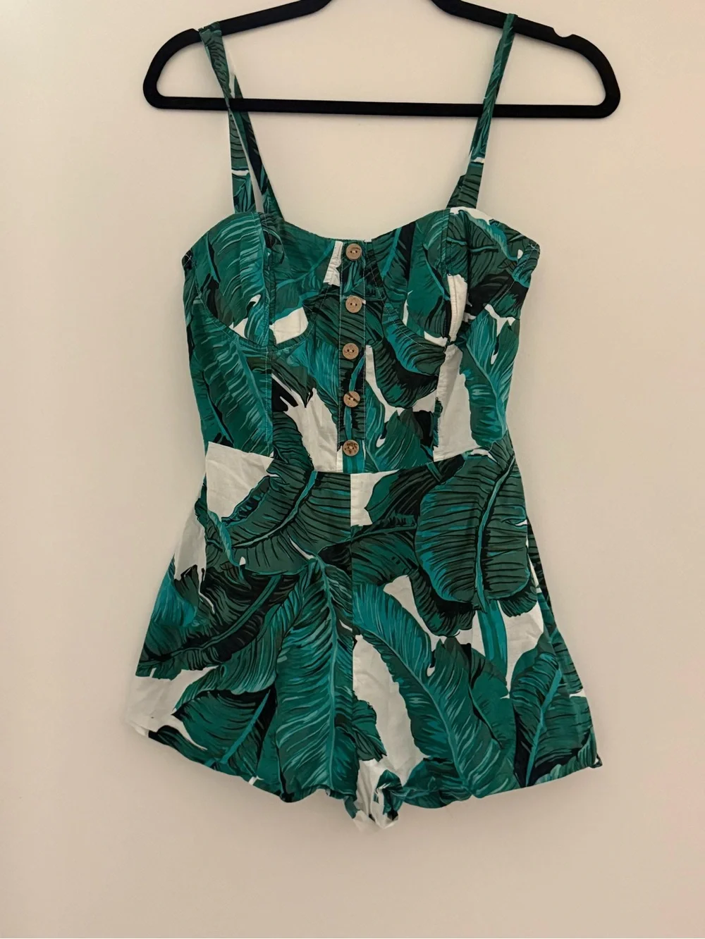 Nasty Gal Green & White Tropical Button-Front Romper - Picture 2 of 6
